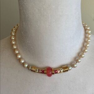 GIVENCHY Pearl Choker Necklace with Gold Pink Crystal Bead Accents Vintage